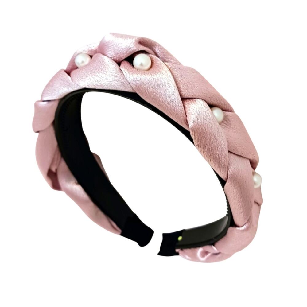French Headband Chiffon Pink Satin WHITE PEARLS Luxe Fairy Prom Wedding Holiday